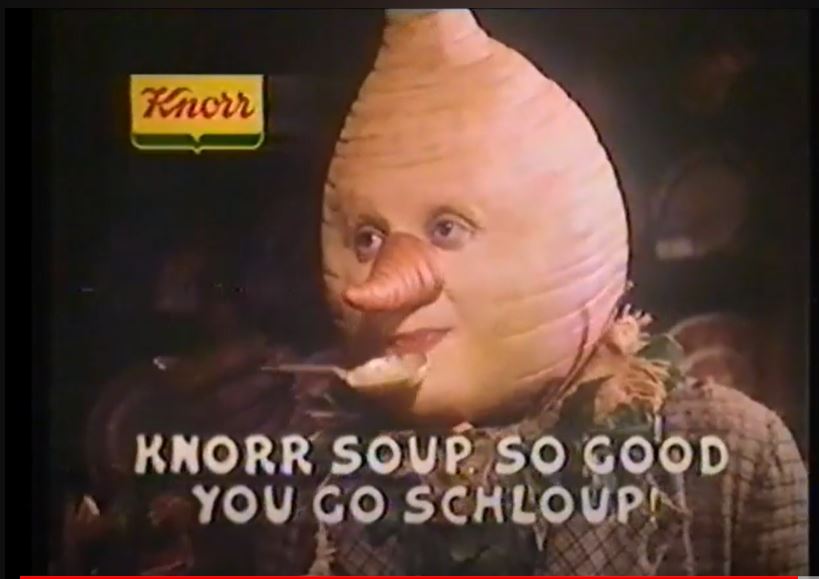 Just a friendly reminder that in the mid-80s, Knorr (the powdered soup and gravy company) had a weird scarecrow mascot made of vegetables.