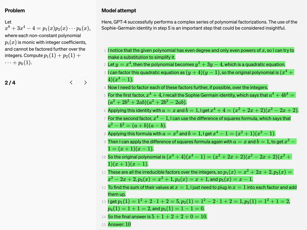 DrJimFan's tweet photo. Reading OpenAI's latest paper: "Let's Verify Step by Step". The idea is so simple that it fits in one tweet:

For challenging step-by-step problems, give reward at each step, instead of a single reward at the end. Basically, dense reward signal > sparse.

The Process Reward Model ("PRM") is able to pick solutions for the difficult "MATH" benchmark much better than the Outcome Reward Model ("ORM"). The obvious next step is to finetune GPT-4 with PRM, which the paper hasn't done yet.

A caveat is that PRM requires a lot more human labeling. OpenAI releases their human feedback dataset: 800K step-level labels across 75K solutions to 12K MATH problems.