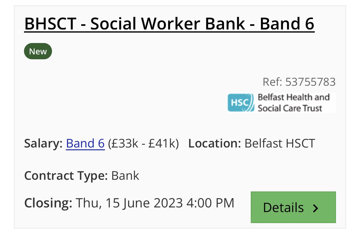 Call out to any Band 6 social workers not currently working in <a href="/BelfastTrust/">Belfast Trust</a> - great opportunity to join <a href="/BelfastTrust/">Belfast Trust</a> Social Work Bank and gain experience across teams. jobs.hscni.net/Job/28860/bhsc… closing date = 15th June @ 4pm #beingbelfast