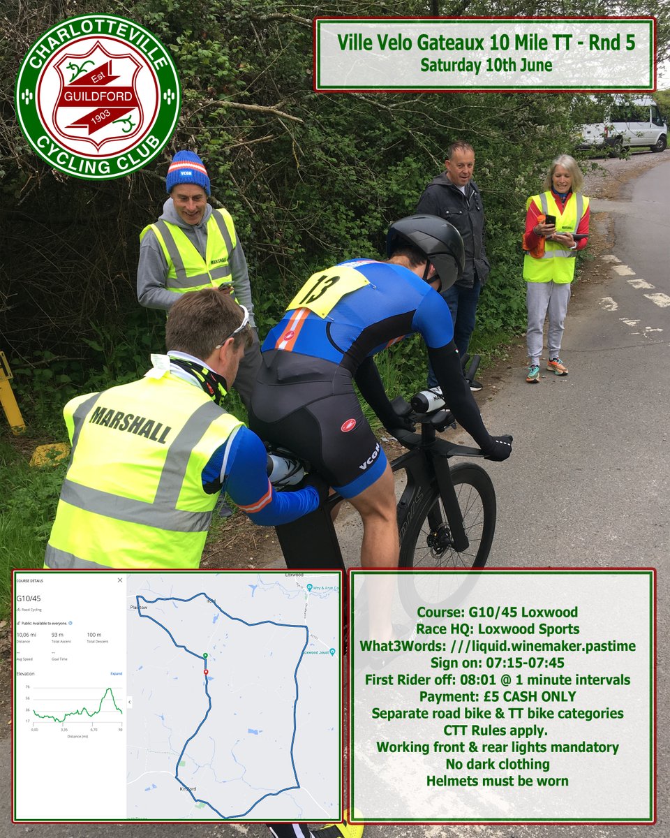 Round 5 of the Ville Velo Gateaux 10 Mile TT Series. Please register webscorer.com/register?racei… Three Clubs, one vision - Promote Club Time Trials @clubvcgh @WokingCC @charlottevillecc @cyclingrascals