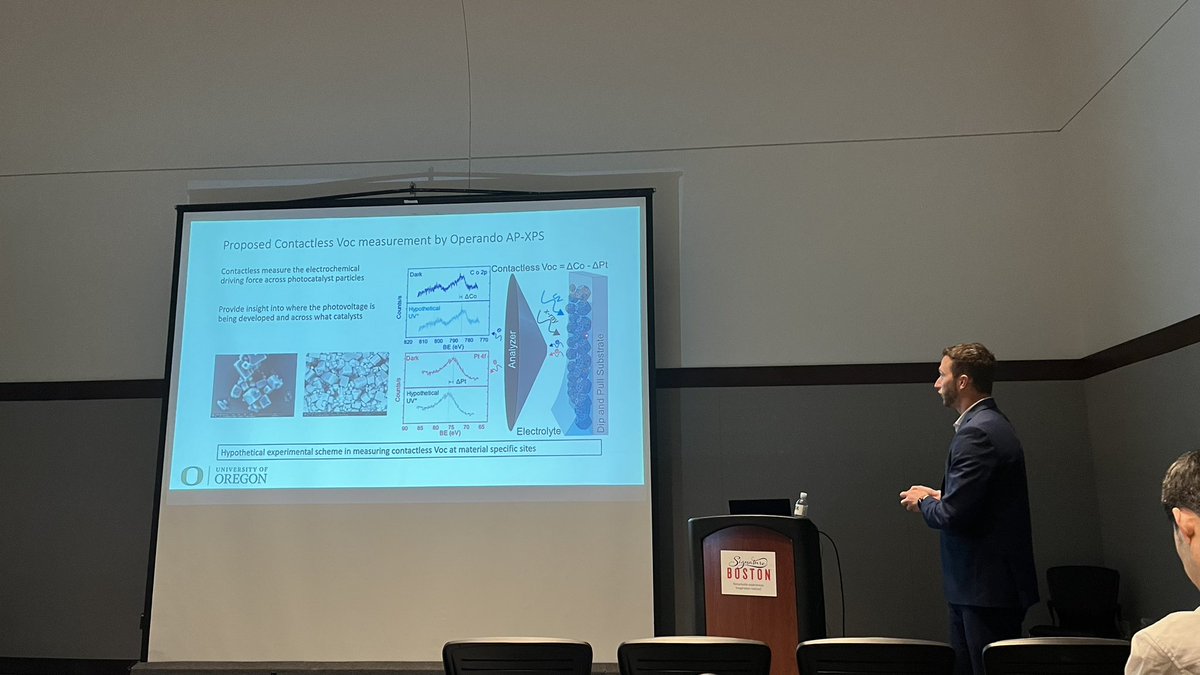 GraceLindquist2's tweet photo. Wrapped up in one big bang this morning! @OregonEChem took over most morning sessions with Kira in ion transport, @MeikunShen and @AaronKaufman123 in photocatalysis, me and Liam in alkaline water oxidation, and Minkyoung in AEM development! https://t.co/vGNpMClVzi