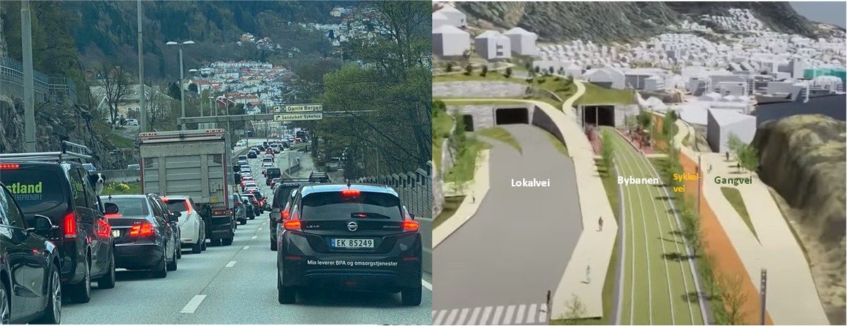 Bystyret i Bergen har ikke bare vedtatt at Bybanen skal gå langs Bryggen, men også at 3,5 km 4-felts motorvei (E39) i Sandviken med 55.000 ÅDT skal omgjøres til bybanetrase, sykkelvei og lokalvei🚋🚲🚶‍♀️