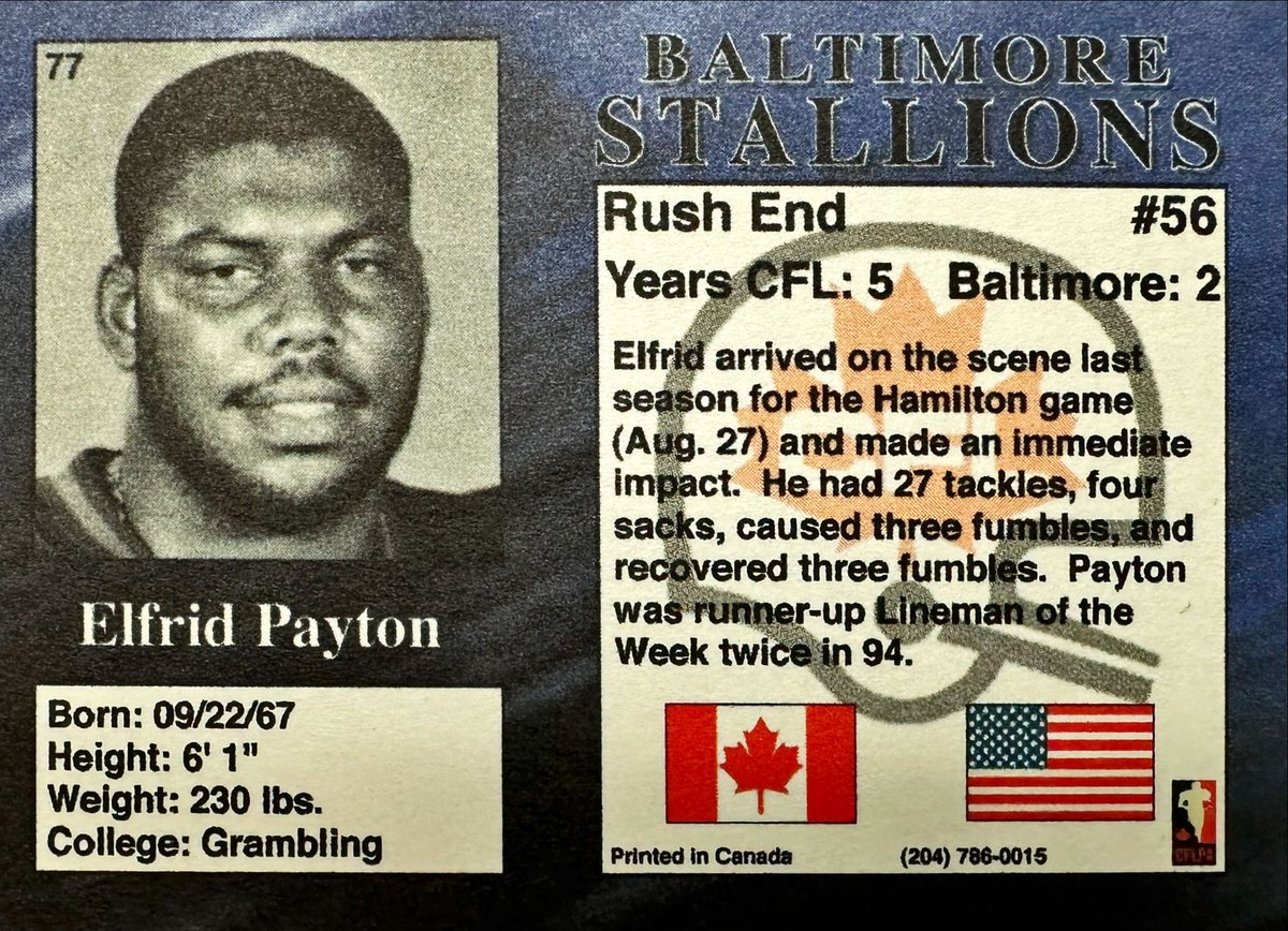 2x #GreyCup champion, played 189 regular season games for Stallions & #ShreveportPirates #CFL American teams, as well as @Wpg_BlueBombers, @MTLAlouettes, @TorontoArgos, & @GoElks.

Elfrid Payton #BaltimoreStallions - 1995 R.E.L. #CFL #77 

#CFLUSACards #TradingCards #Football