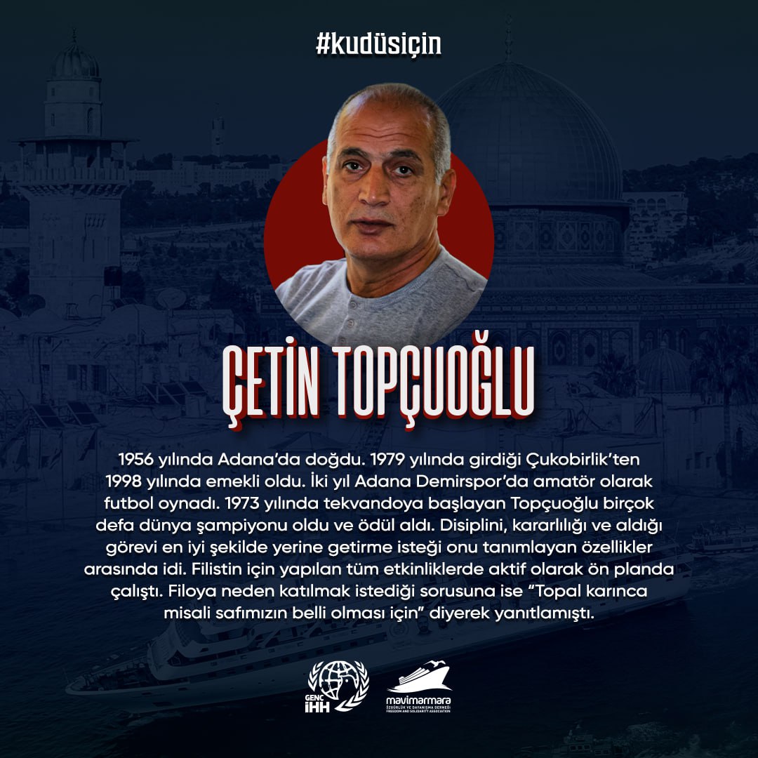 Disiplinli bir kararlılığı ve aldığı görevi en iyi şekilde yerine getirmesi ile bilinirdi. Çetin Topçuoğlu 2010 yola çıkan Mavi Marmara filosuna neden katılmak istediği sorusuna 'Topal karınca misali safamız belli olsun.'diyerek cevap vermişti.
#Kudüsİçin