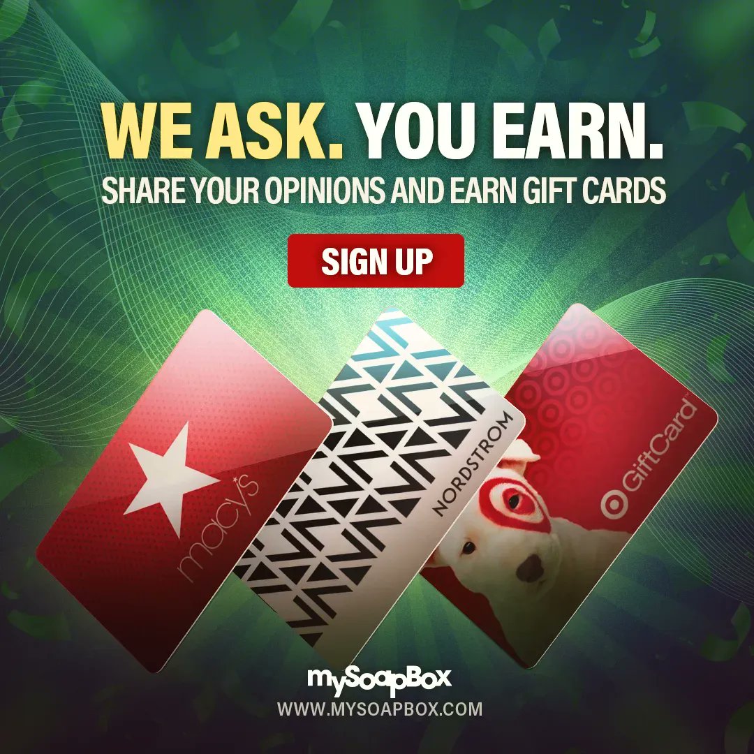 MySoapBoxPanel's tweet image. Looking to get in some shopping for new summer looks?

Cash in your #msbpoints for gift cards at #target, #nordstroms, #macys, and more! 

#surveys #mysoapbox #giftcards #earngiftcards #earnmoney