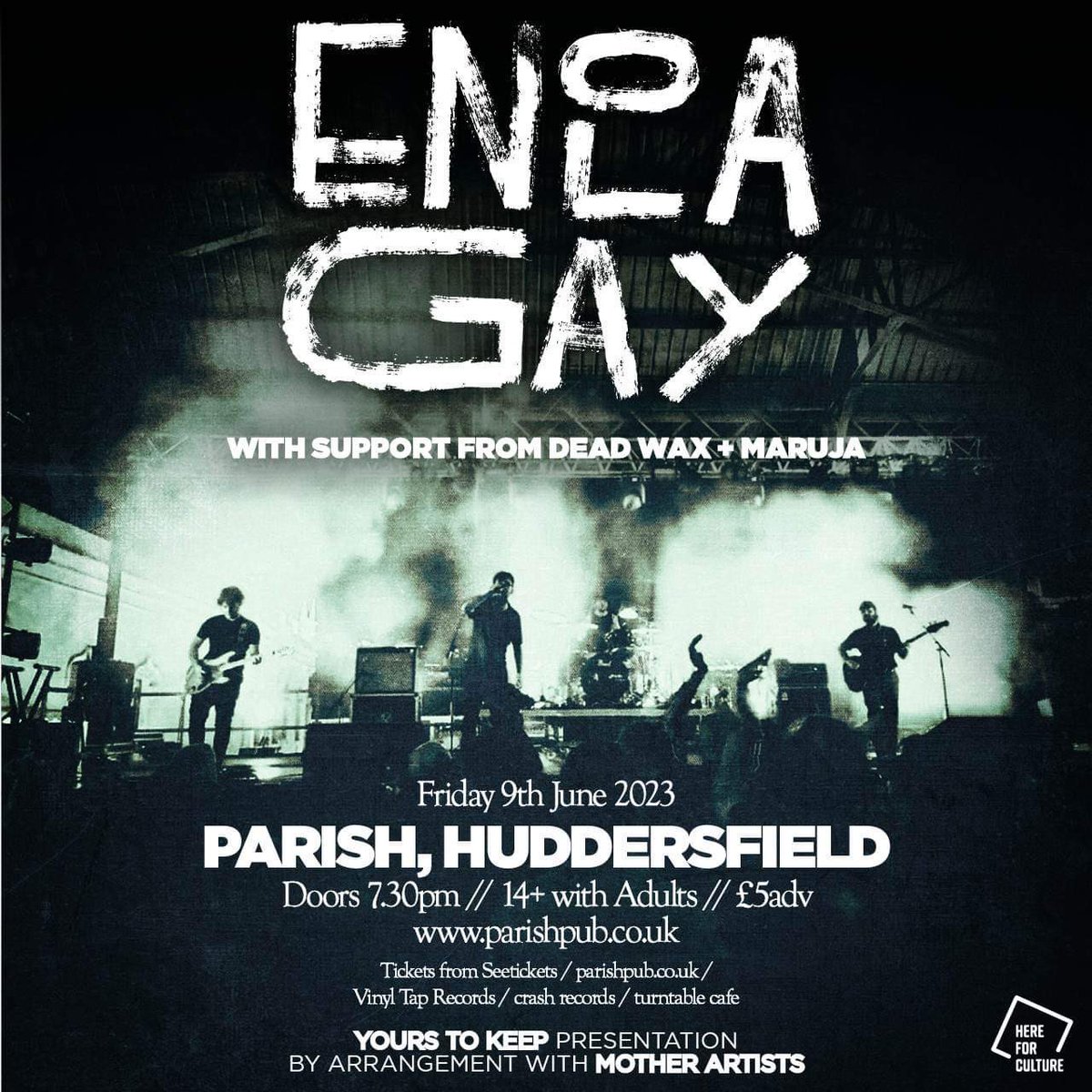 DeadWax (@deadwaxofficial) on Twitter photo Not long now till we tear up the <a href="/ParishHudd/">Parish</a> w/ <a href="/enolagay_band/">ENOLAGAY</a> & <a href="/Maruja_Band/">Maruja</a> 🔥
Hudds gang, get thi’ sen down to the Parish on Friday 9th June.
Tix: parishpub.co.uk/gigs/415/
<a href="/motherartists/">MOTHER ARTISTS</a> // <a href="/Yourstokeep2/">Yours To Keep Festival</a> // <a href="/ParishEventsUK/">Parish Events</a> Not long now till we tear up the <a href="/ParishHudd/">Parish</a> w/ <a href="/enolagay_band/">ENOLAGAY</a> & <a href="/Maruja_Band/">Maruja</a> 🔥
Hudds gang, get thi’ sen down to the Parish on Friday 9th June.
Tix: parishpub.co.uk/gigs/415/
<a href="/motherartists/">MOTHER ARTISTS</a> // <a href="/Yourstokeep2/">Yours To Keep Festival</a> // <a href="/ParishEventsUK/">Parish Events</a>