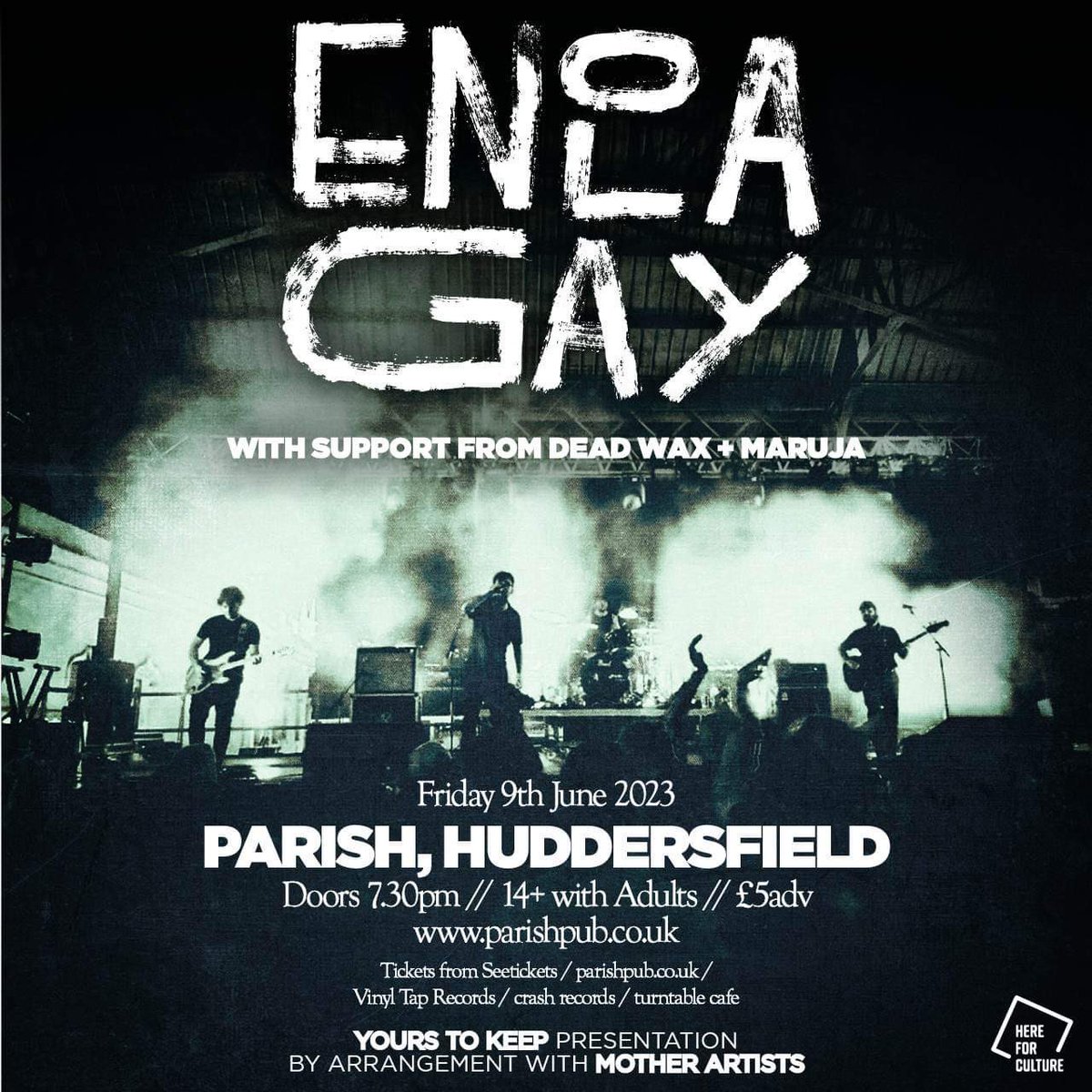 Not long now till we tear up the @ParishHudd w/ @enolagay_band & @Maruja_Band 🔥 Hudds gang, get thi’ sen down to the Parish on Friday 9th June. Tix: parishpub.co.uk/gigs/415/ @motherartists // @Yourstokeep2 // @ParishEventsUK