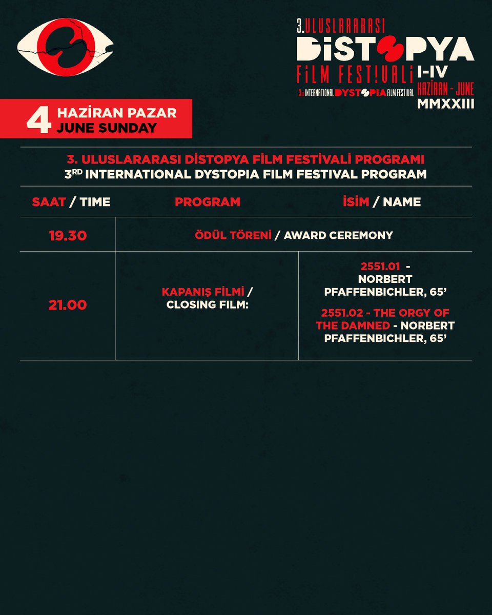 Distopyaff's tweet photo. 3. Uluslararası Distopya Film Festivali başlıyor❗️ 1-4 Haziran tarihleri arasında AKM Yeşilçam Sineması’nda gerçekleştirilecek tüm gösterimler herkese açık ve ücretsizdir. https://t.co/IQFS9JEL4u