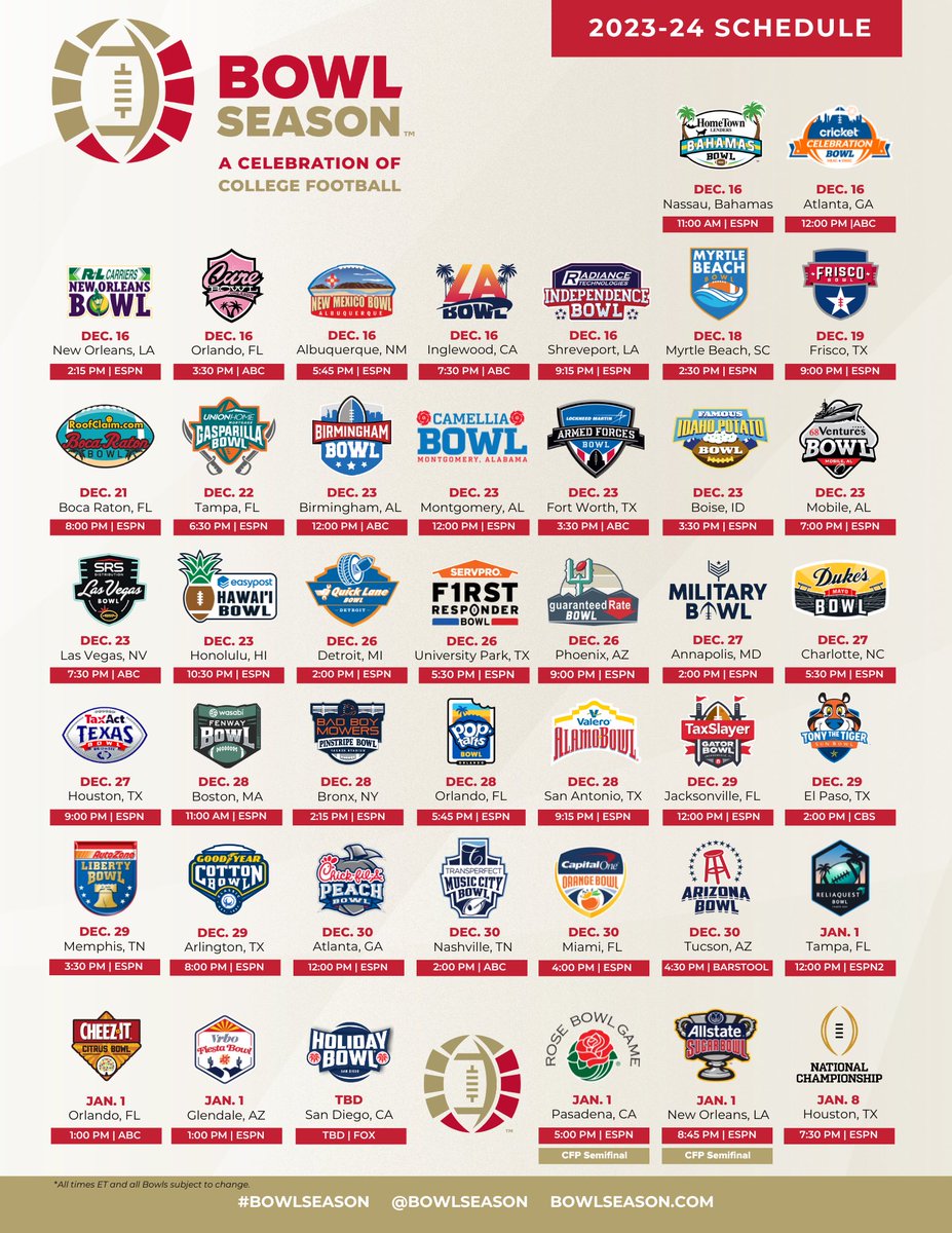 BowlSeason's tweet photo. 🚨ANNOUNCEMENT🚨 Let the countdown begin! The official #BowlSeason schedule is here! 🏈 🎉  (🔗: https://t.co/GyPGbGb6cd) https://t.co/KYxn4fQCsY