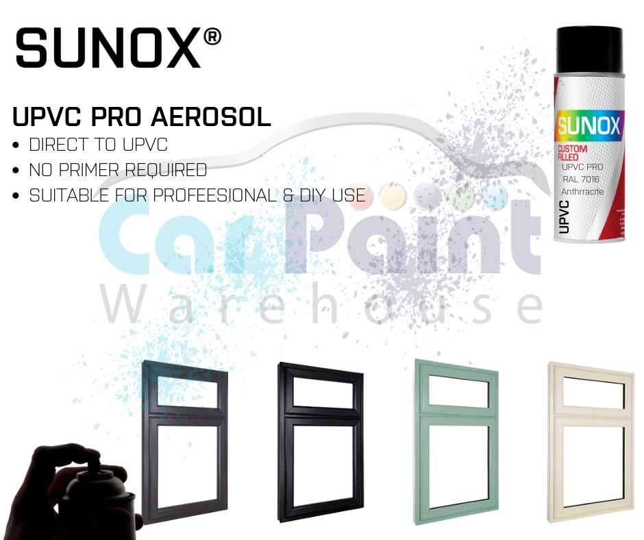 SUNOX UPVC Pro Aerosol Satin Finish 400ml

Direct to UPVC, now available on our website! 
 carpaintwarehouse.co.uk/upvc