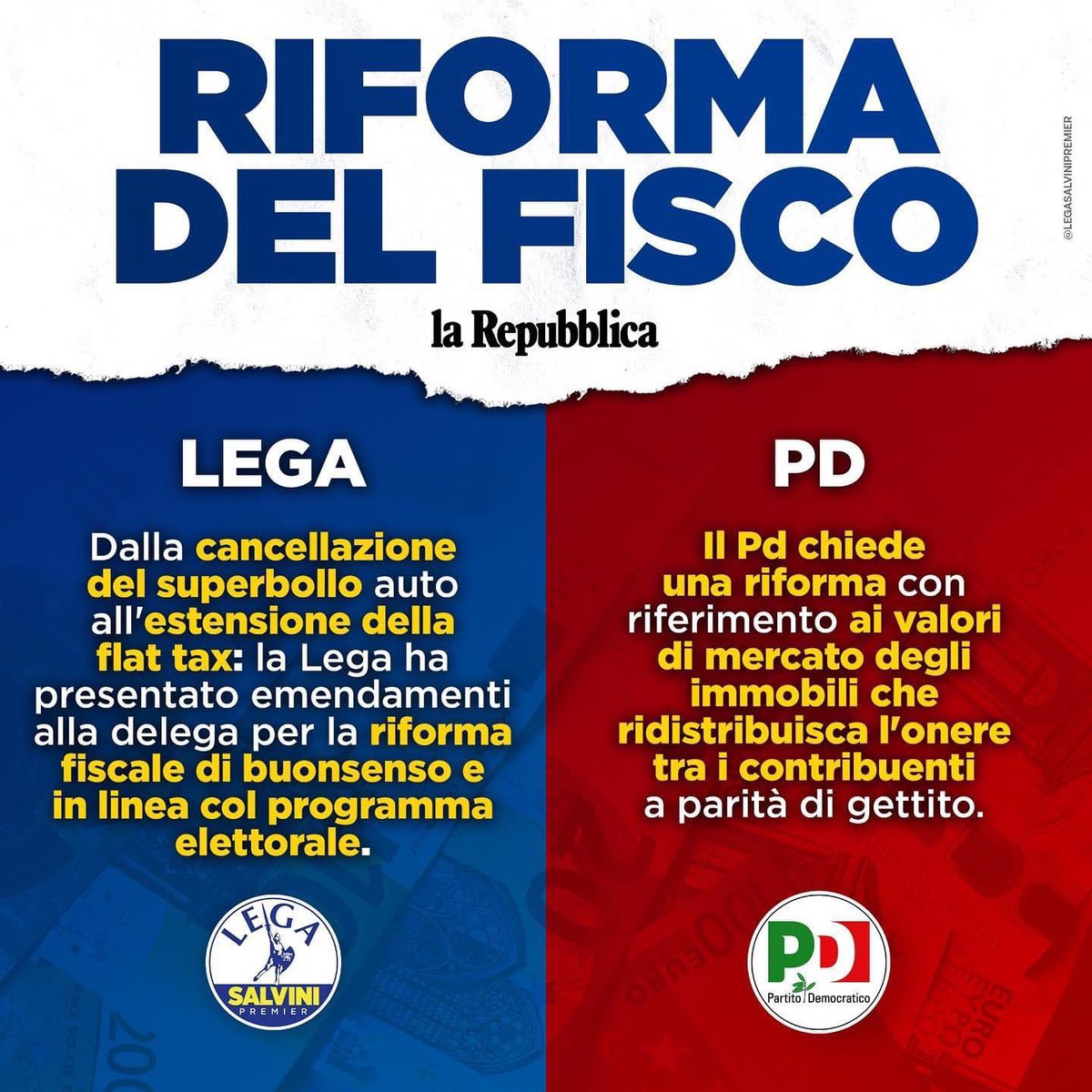 Trova le differenze.
La Lega con gli Italiani per estendere la flat tax al 15% ed abolire il superbollo.
Il PD chiede di aumentare le tasse sulla casa degli Italiani.

#davidebergamini #legasalvinipremier