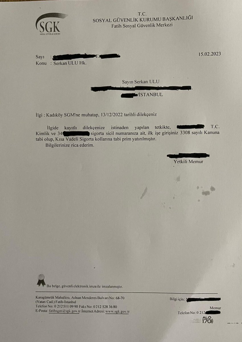 #StajyerVeÇırak3308mağdurları

SGK’YA DİLEKÇE VERDİM VE CEVAP ALDIM

13 Aralık 2022 tarihinde SGK’ya gittim ve bir dilekçe verdim. Dilekçeme cevap, 15 Şubat 2023 tarihinde posta yoluyla geldi.

Dilekçe vermemdeki sebep şuydu: ‘’Bana yapılan ’kısa kol sigorta girişi’nin içinde tek…