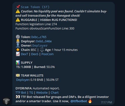 TTFBot's tweet photo. TTF Bot now scans tokens before Liquidity is added. 
Have you been scammed?    
Did your due diligence fail you?  
Do you want to scan tokens before Liquidity is added?  
If you said yes to any, use https://t.co/l0AoWi2rnx to get a Security Report.  
#TTF #TTFBot #TrackTheFunds https://t.co/iMOmOfzloc