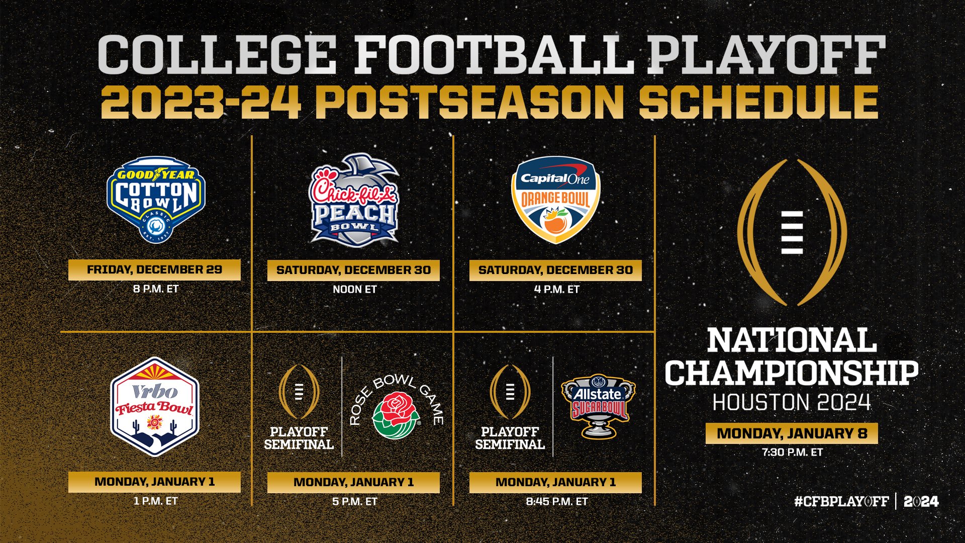 College Football Playoff on X: 'It's never too early to start planning for  the postseason! Dates and kick times are officially set for the 2023-24 New  Year's Six and Playoff Semifinals. It