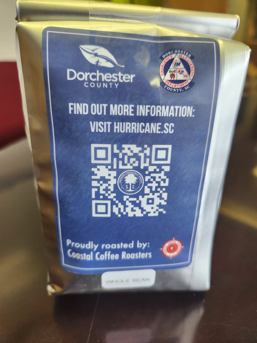 Dorchester County (SC) Emergency Management has teamed up with Costal Coffee Roasters to create Storm Surge Coffee. The QR code takes you to the SC Know Your Zone website.