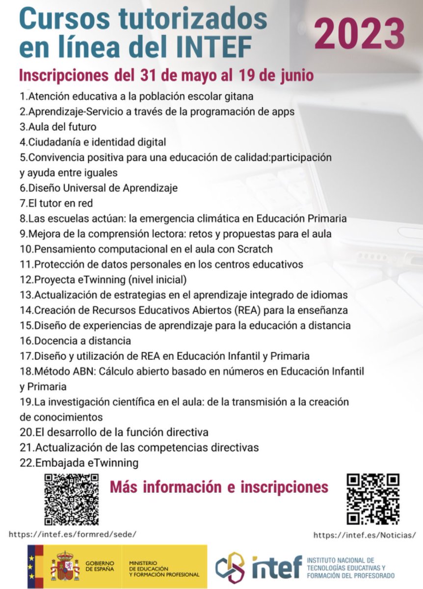 📣 Cursos tutorizados de formación en línea 2023 - INTEF
El plazo de inscripción es del 31de mayo al 19 de junio de 2023
👉 intef.es/Noticias/curso…