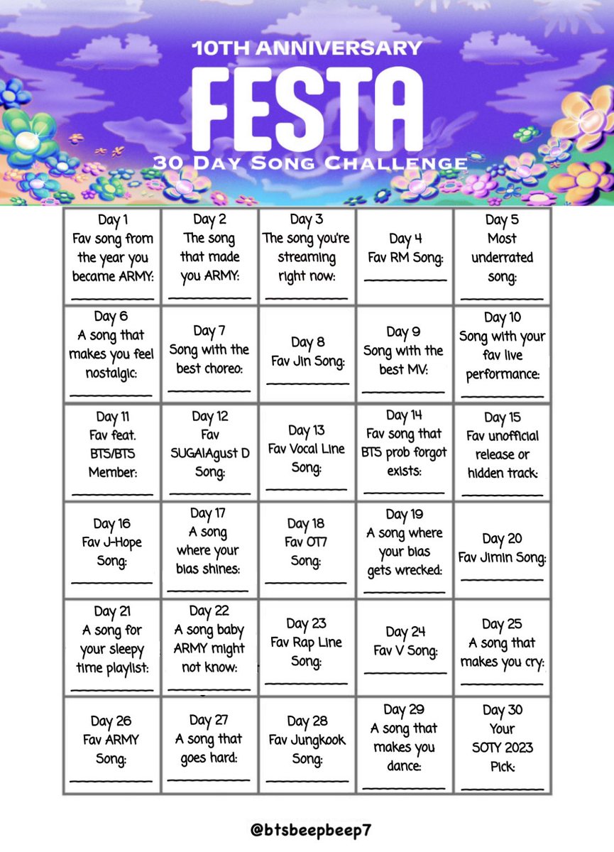 I decided to make a 30 day BTS song challenge for Festa!  You can start any time but plz rt & share so as many people as want to can start on June 1st! 

I will be posting my songs here and on insta (same handle).  Let’s have some fun and be moots💜