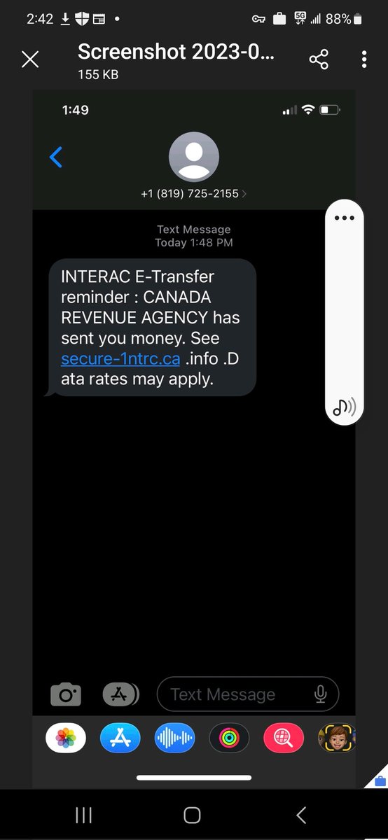 Just a reminder that the Canadian Revenue Agency will not send you text like this! Do not respond, block & delete. Check out getcybersafe.ca or antifraudcentre.ca for lots of valuable safety tips. #kNOwfraud #BeScamSmart #showmetheFRAUD  @canantifraud ^kv