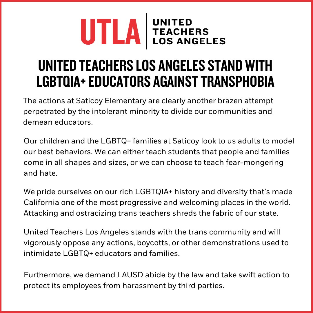 No educator should have to go to work in fear. 

We stand with LGBTQ+ educators and community members.

We demand LAUSD denounce these attacks on queer and trans educators and community members, and take swift action to protect its employees from harassment.