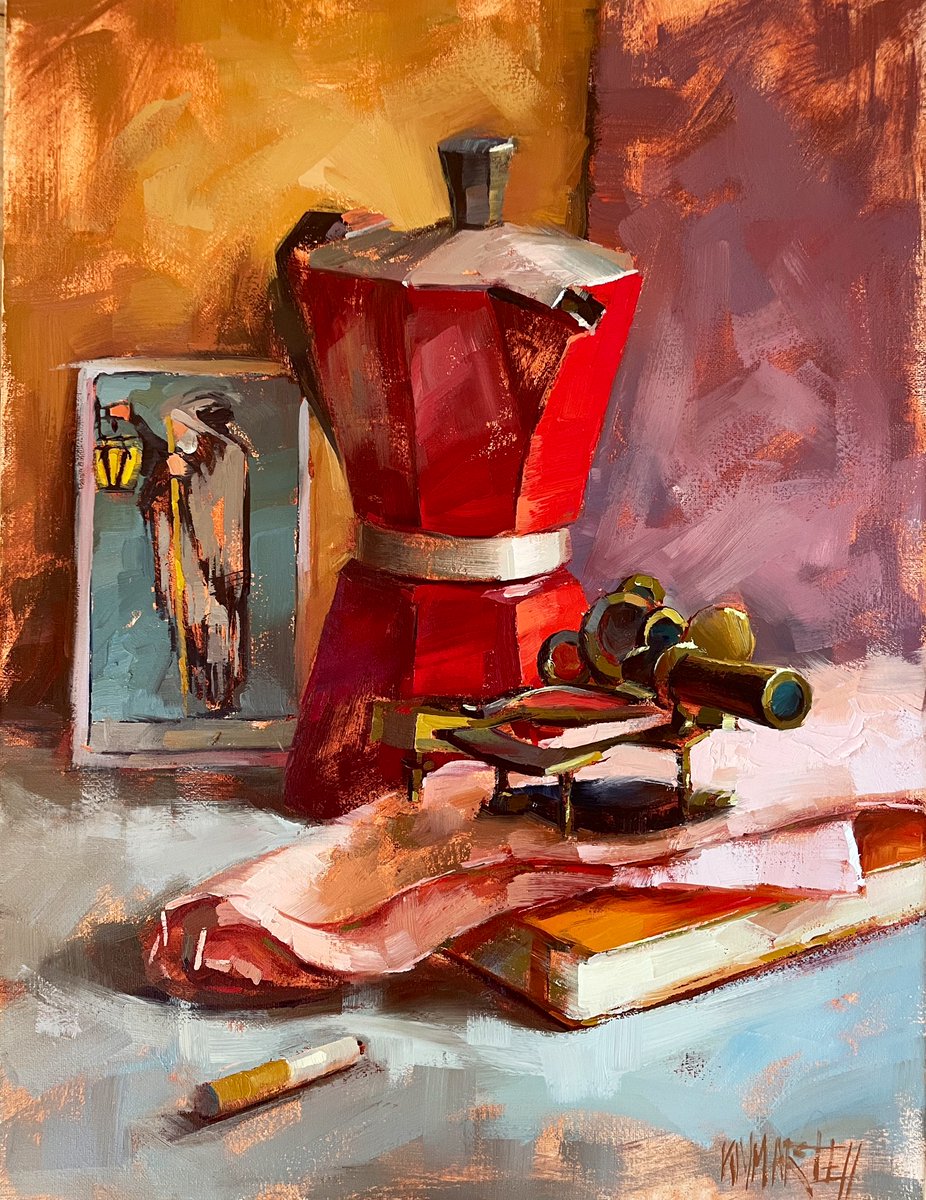 “Sailor’s Coffee” - 25x35cm - oil on canvas. 
.
Painting all my favourite subjects here, though the sextant is always challenging, I give myself the tarot card as a little reward 
.
#stilllife #oilpainting #artlife