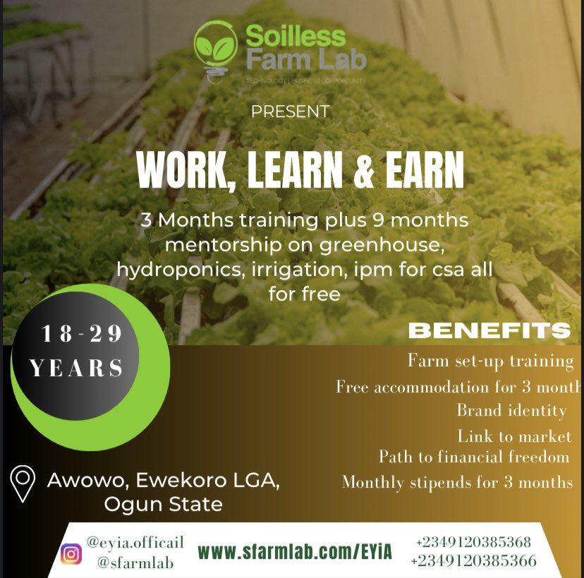 Eyiaofficial's tweet photo. .
EYiA. Enterprise for Youths In Agriculture..

Is a WORK, LEARN and EARN opportunity to train unemployed youths and women in vegetable production using technology.
Are you between the ages 18-29, admission for the second quarter of the year is opened. https://t.co/9sfu9UGa9q