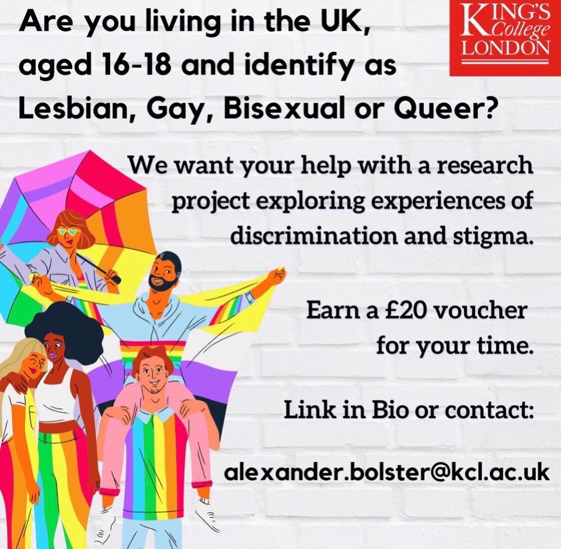 alex_bolster's tweet image. 🏳️‍🌈 Research project with @KatharineRimes and @Lucia_Valmaggia exploring discrimination and stigma experienced by sexual minority youth is recruiting. Please share 🏳️‍🌈