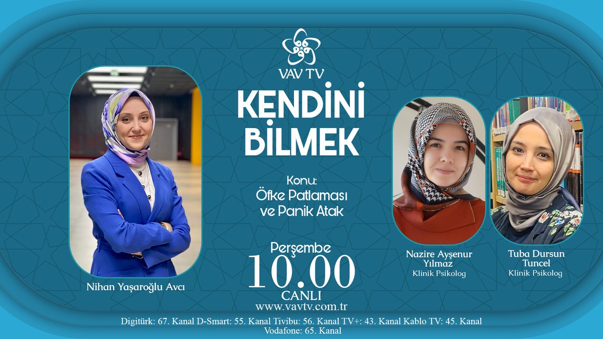 📌 #KendiniBilmek’te "Öfke Patlaması ve Panik Atak" konusu ele alınıyor…

📺 Nihan Yaşaroğlu Avcı’nın sunumu, Klinik Psikolog Nazire Ayşenur Yılmaz ve Klinik Psikolog Tuba Dursun Tuncel'in katkılarıyla yarın saat 10.00’da VAV TV’de…

<a href="/klinikpsktubadt/">Tuba Dursun Tuncel</a>