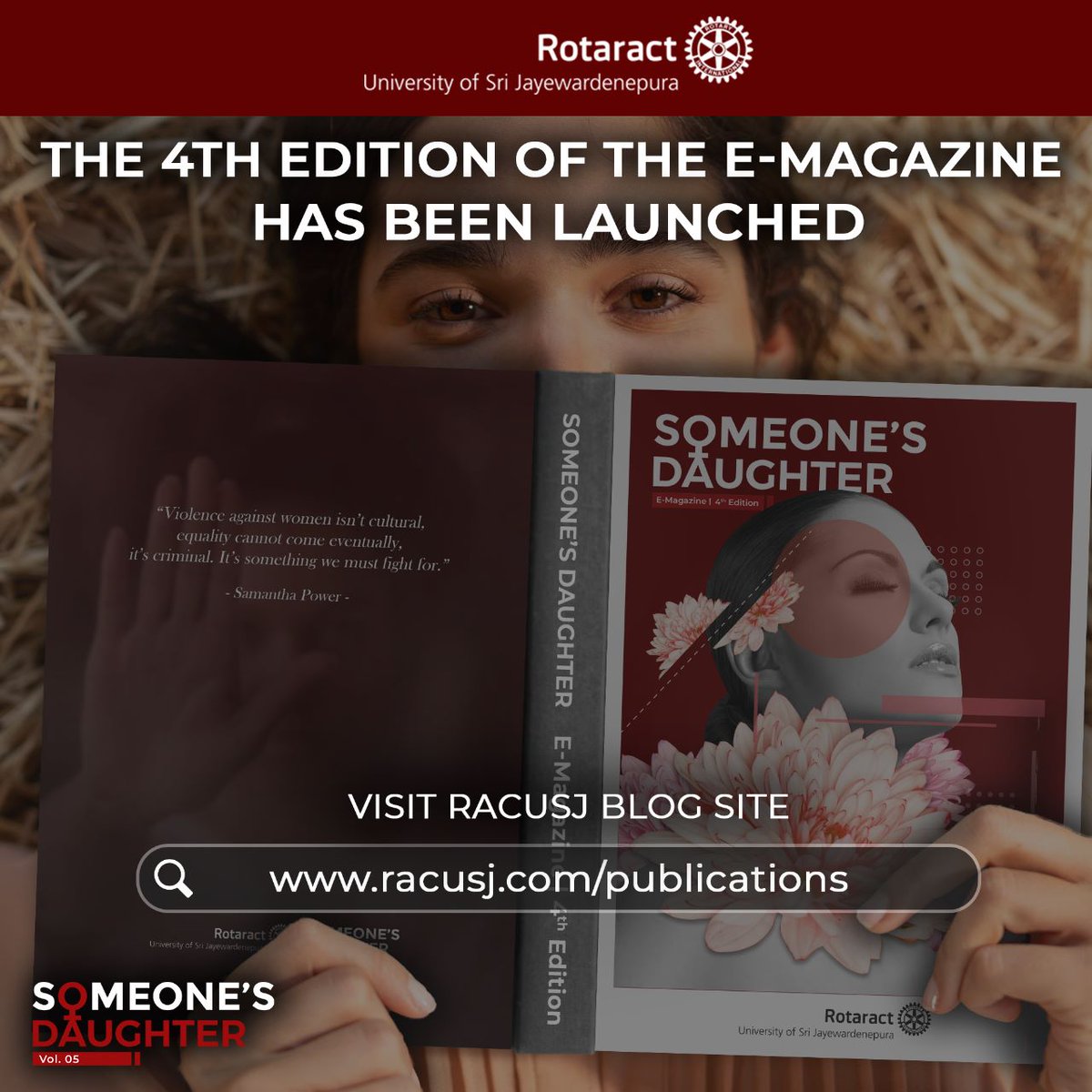 rotaractusjp's tweet photo. Someone's Daughter E-Magazine Launch
The 4th edition of the Annual E-magazine published under the project Someone's Daughter can be accessed via the following link.
Link: https://t.co/5EmnZeKphH
#SomeonesDaughter #Rotaract3220 #ImagineRotary #LearnServeAndStrive https://t.co/robE6GC4jR