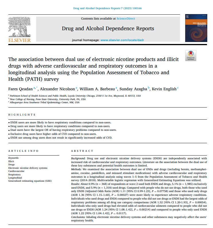 DrugAlcReports's tweet image. DADR study warns of the adverse cardiovascular and respiratory outcomes associated with drug use and e-cigarettes. Dual use poses higher respiratory risks while drug use alone correlates with increased cardiovascular ailments. #PublicHealth #ENDS #DrugUse

tinyurl.com/58wmjtu9