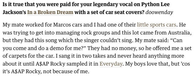 In exchange for singing the vocals on Python Lee Jackson’s In A Broken Dream (1970) @rodstewart was given a set of carpets for his sports car, not car seat covers! @BBCRadioScot #BBCGetItOn