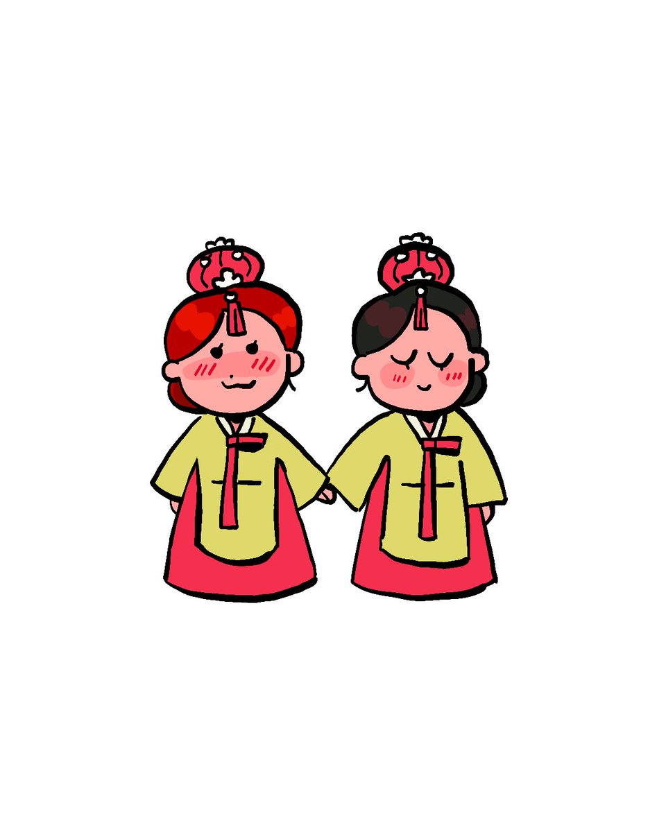 multiple girls 2girls korean clothes blush closed eyes simple background holding hands  illustration images
