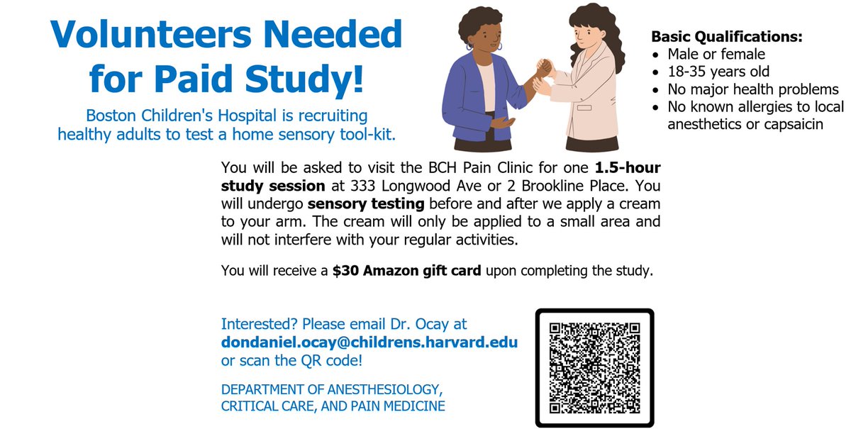 DonDanielOcay's tweet photo. #Boston Twitter friends! One of my studies is finally up and running, and we need healthy volunteers! If any of you are interested or know of someone who is interested, please email me or scan the QR code!
@BostonChildrens @harvardmed https://t.co/grczaMv4BR
