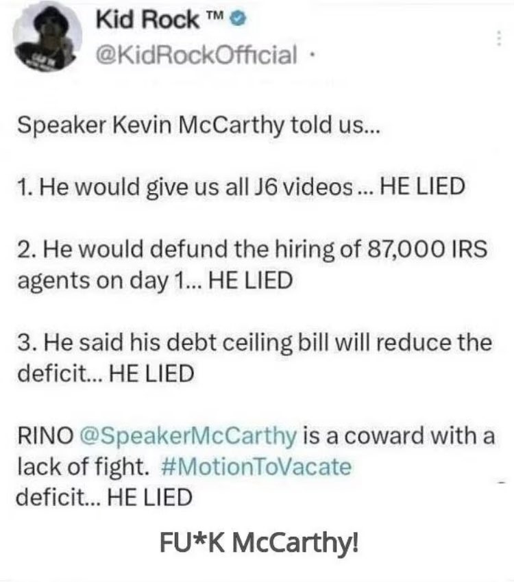 @SpeakerMcCarthy : Many of my fellow patriotic American citizens and I have never liked or trusted you, and we were dead set against you becoming House Speaker.

Your failure to deliver on your promises has justified our dislike and distrust of you. #MotionToVacate