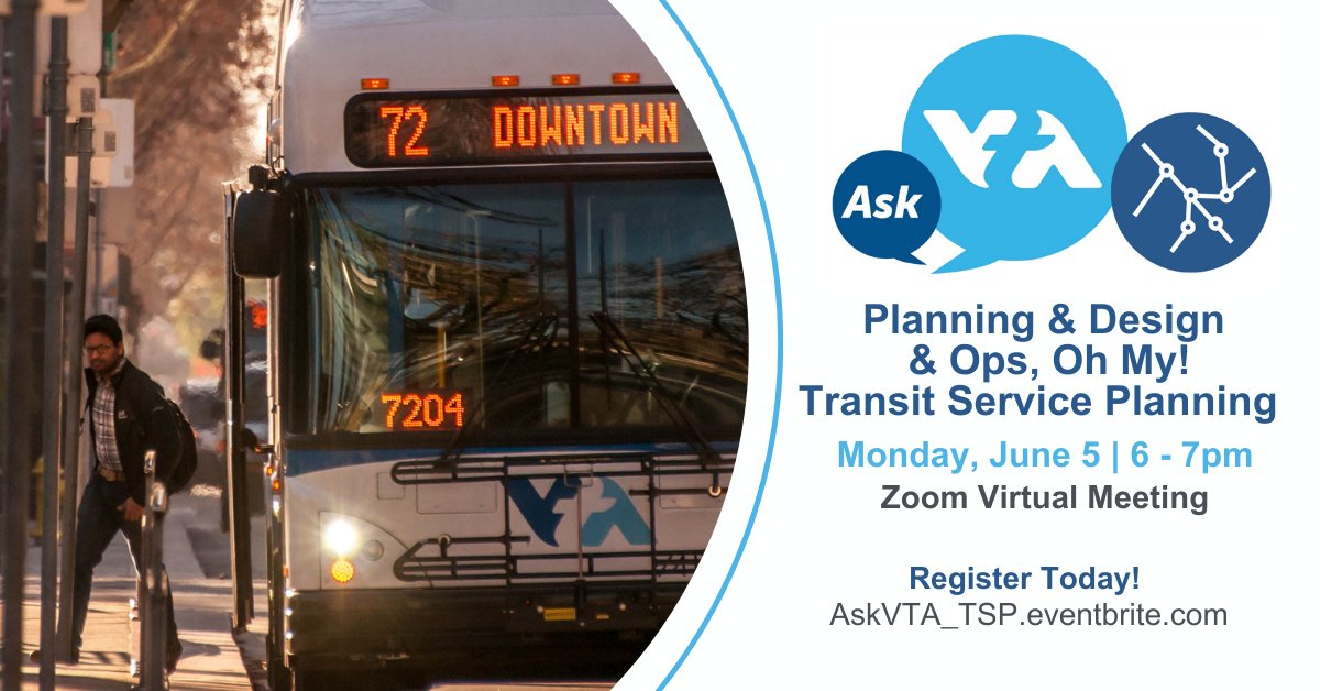 VTA's tweet photo. VTA’s #transitnetwork is essential in connecting #transitriders throughout the county. Anyone interested in the inner workings of #transitservice planning or have related questions should join us at our #AskVTA. RSVP: https://t.co/izANhCV7DT https://t.co/egFaAGuoYR