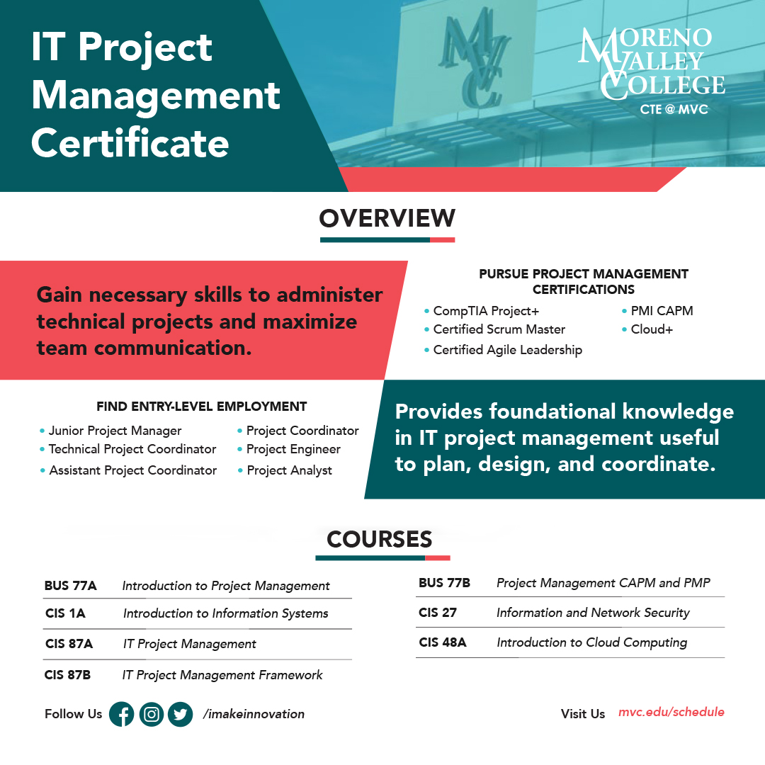 Interested in a career in information technology or project management? Why not try both with MVC's IT Project Management certificate? Gain the skills needed to plan, design and coordinate IT projects. CIS 1A and 87A are offered this summer! Learn more at bit.ly/3C3NpV1.