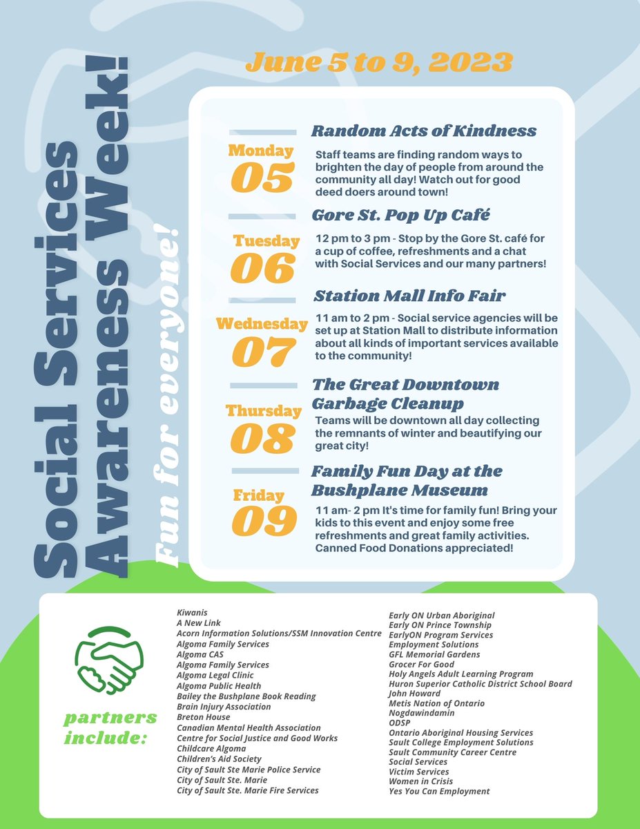 Soc_Serv_SSM's tweet photo. Social Services along with our many partners is delighted to host Social Services Awareness Week from June 5 -9! This year's line-up includes some great events! Stay tuned to our social media channels for more information! #SocialServicesAwarenessWeek2023 https://t.co/GUwfrBzp9o