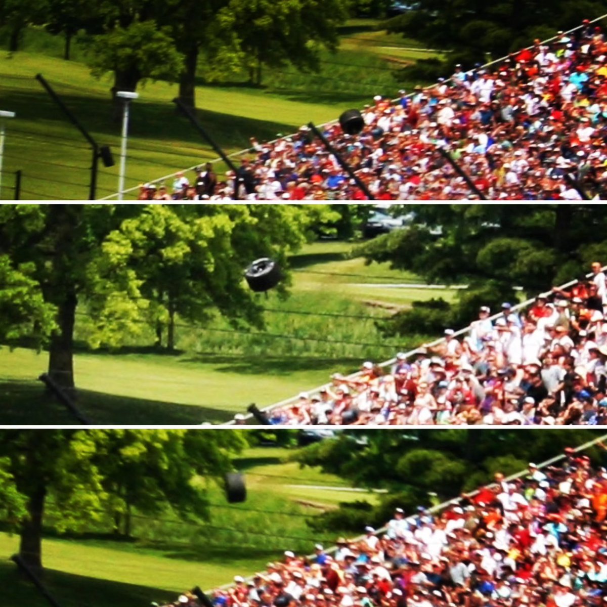 BReutebuch's tweet photo. And here is a three-panel succession of the tire flying. (Top to Bottom)
That had to be frightening for them. #TheViewFromOurSeats
#Indy500 2023.
#107thRunning https://t.co/O8w5Qu9Yj0
