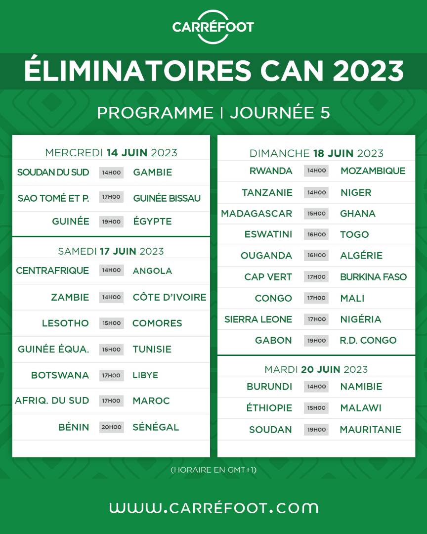 CAN 2023 : LE PROGRAMME COMPLET DE LA 5E JOURNÉE DES ÉLIMINATOIRES !

#eliminatoirescan2023 #programmesj5 #carrefoot 
carrefoot.com