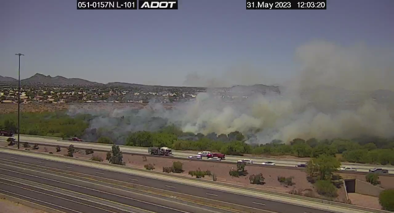ArizonaDOT's tweet photo. Loop 101 Pima eastbound to State Route 51 southbound: A fire has CLOSED the transition ramp.

#phxtraffic https://t.co/U0EY5ww2L5