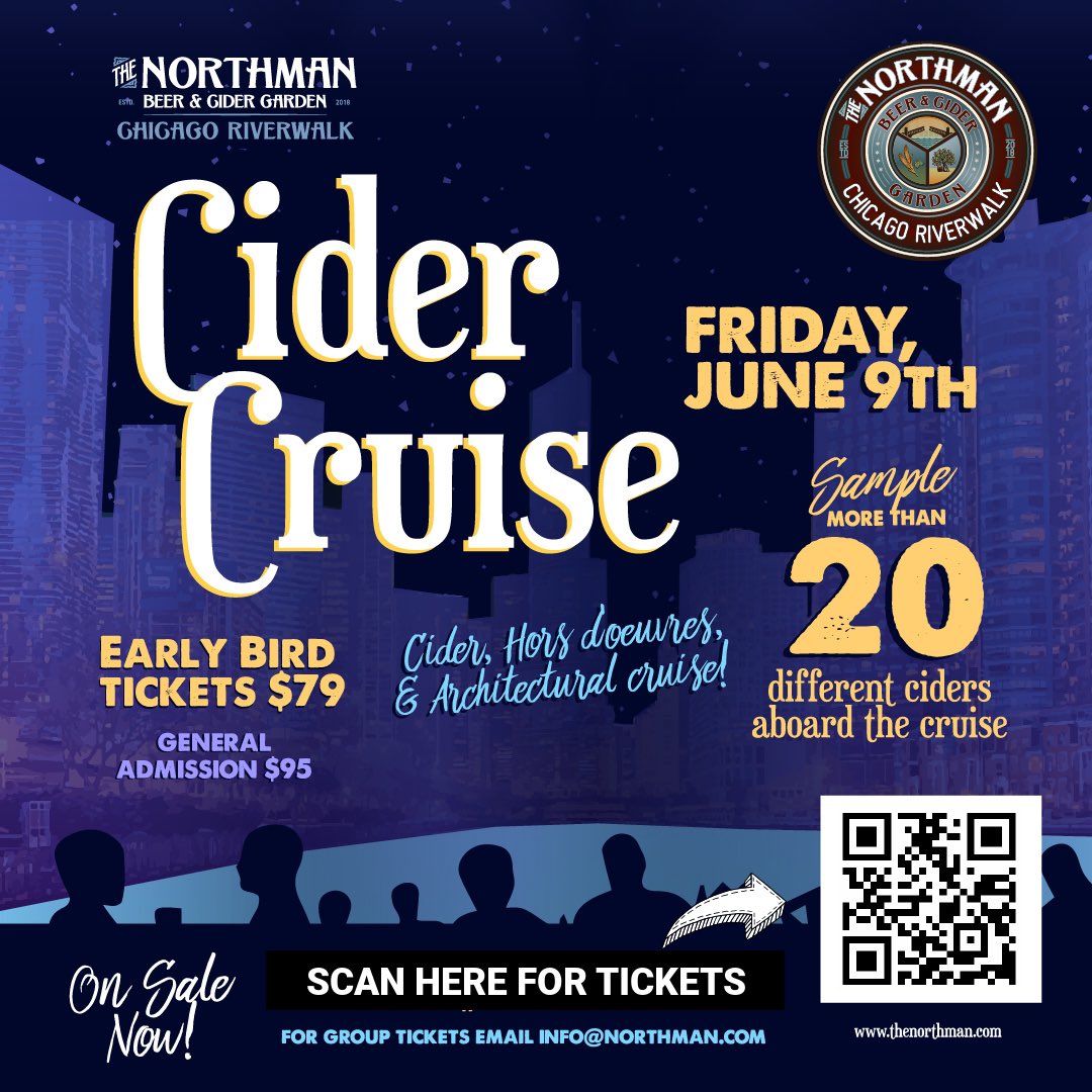 Tickets are on sale for 1 more week for our #CiderCruise on Fri, 6/9. So many awesome producers are joining us for a stunning cruise along the #ChicagoRiver with @CFLCruises Grab ur tix while u can > cidercruise.bpt.me email info@thenorthman.com for group discounts!