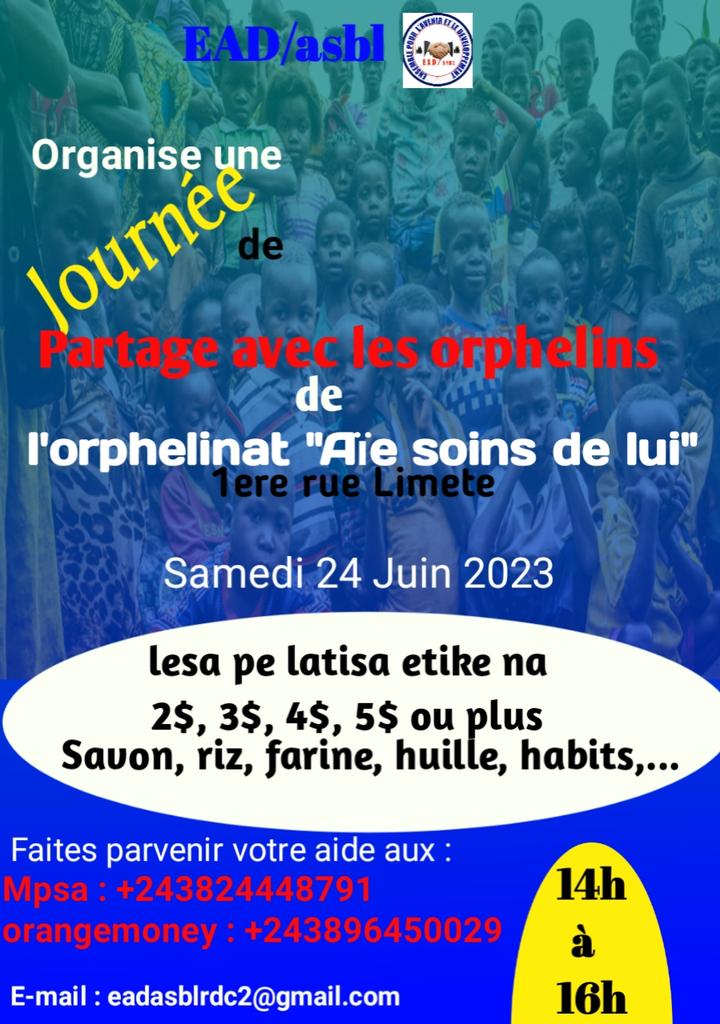 A l'occasion de la journée de l'enfant africain 2023, l'EAD communiera avec les orphelins. Joignez-vous à nous. @PCikoyi7082 @UNICEFDRC @acofepe_rdc