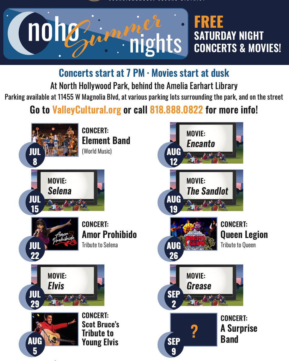 Please join us for evening's in North Hollywood Park! Free for the entire family! 

#ValleyCulturalFoundation #concertsinthepark #freeconcert  #freeevents #moviesintheapark #NoHoArtsDistrict #NoHoArts #NoHoevents #NorthollywoodPark #NorthhollywoodEvents #NoHoSummerNights