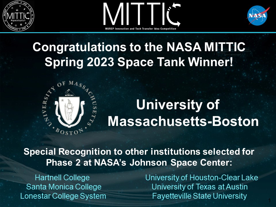 LearnWithNASA's tweet photo. Congrats to Team LazerSense Solutions from @UMassBoston! 🎉

A panel of @NASA &amp; industry business experts selected their pitch as the winner of the Spring 2023 #MUREP Innovation &amp; Tech Transfer Idea Competition.

Hone your #SpaceToPitch ideas for Fall! https://t.co/tMLcbGFCf7 https://t.co/1DfeUJ2S8H