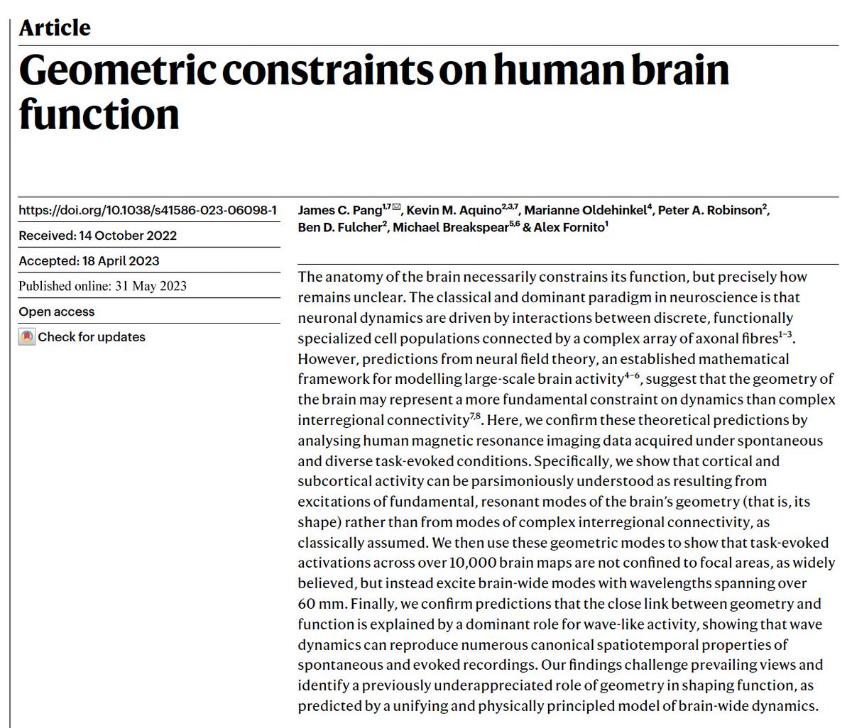 Our latest –– 'Geometric constraints on human brain function' –– led by @jchrispang & @Kevin_M_Aquino w/ @bendfulcher @DrBreaky P Robinson and @M_Oldehinkel now out in @Nature. Detailed thread on preprint below. Huge congrats to a wonderful team! @NSB_Lab @turnerinstitute