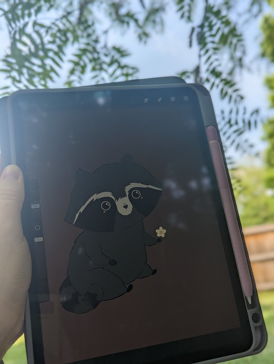 Fluffing up this raccoon I drew a while ago and enjoying some time outside 😄