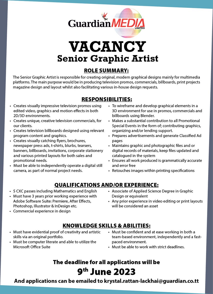 Freedom 106.5fm (@freedom1065fm) on Twitter photo Vacancy: Senior Graphic Artist
Send your application to krystal.rattan-lackhai@guardian.co.tt
Deadline: June 9, 2023 Vacancy: Senior Graphic Artist
Send your application to krystal.rattan-lackhai@guardian.co.tt
Deadline: June 9, 2023