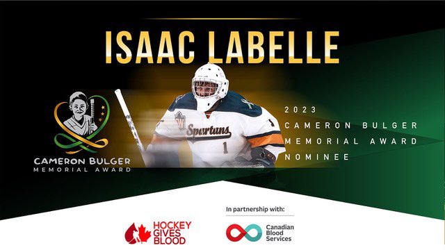 CAMERON BULGER MEMORIAL AWARD 

🏆 NOMINEE 

Congratulations to <a href="/IsaacLabelle/">Isaac LaBelle</a> of <a href="/TWUSpartans/">TWU Spartans</a> Men’s Hockey on being named a nominee for the 2023 Cameron Bulger Memorial Award for his outstanding work as a Hockey Gives Blood Player Ambassador. 

Read more: hockeygivesblood.ca/2023/05/31/isa…