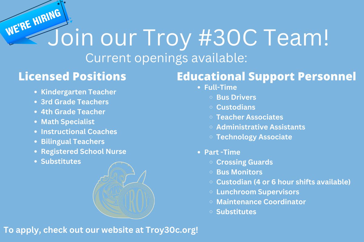 The new school year will be here before we know it and why not start it off by working for Troy School District where the employees are not only making a difference but also having so much fun! 🎉Come see what we have to offer and #betroyblue with us. #schooljobs #teachingjobs