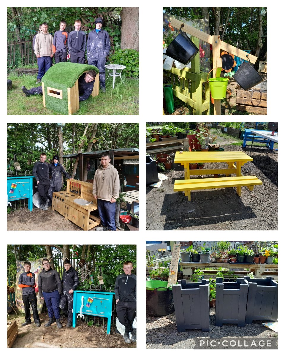 Suzieq1402's tweet photo. 1 word "amazing" massive thx to Tracy &amp; the lads at @GKCollege who upcycled wood to make Mud kitchen, twiddle board, tunnel, scales, bridge into Secret Garden.re-purposed blue tarpaulin &amp; paving stones for river. #CommunitySupport @FARE_Scotland LCA @Jimmy_FARE @RHSBloom https://t.co/DjP91y0iUf