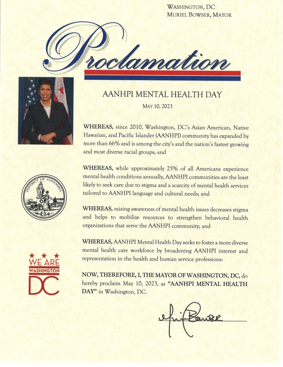 As we close #AAPIHeritageMonth & #MentalHealthAwarenessMonth, the #CSWSConsulting team was proud to secure this proclamation commemorating #AANHPIMentalHealthDay from  DC Mayor Bowser as a partner W/ the National Asian American Pacific Islander Mental Health Assoc. (NAAPIMHA).